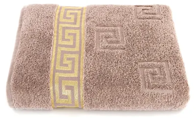 Produktbild von Luxus Medusa Badetuch 100x150 cm - Beige / Hell Braun - feinste Ringgarn Baumwolle / Jacquard Webung / Hochflor Frottee mit Medusa Flachprägung und goldener Medusa Bordüre