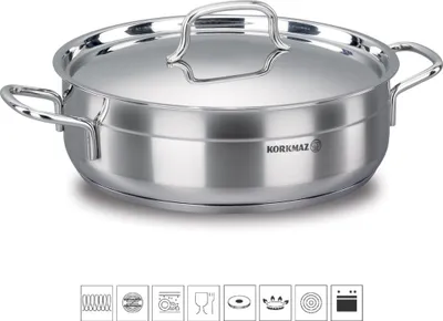 A stainless steel casserole dish with a lid, shown from a slightly elevated front-left angle on a white background. Several small icons representing product features are visible at the bottom.