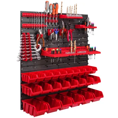 Obrázek produktu pro 24 stohovacích boxů Nástěnné držáky na nářadí Dílenská police Nástěnná police na nářadí 78x78cm Skladovací systém držáků na nářadí Hromadný skladovací regál Vizuální úložné boxy Extra silné nástěnné panely Police Rozšiřitelná dílenská police Skladování Re