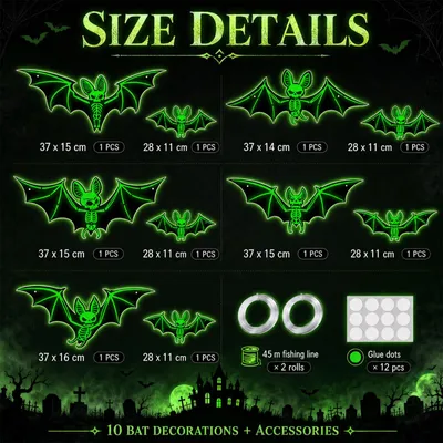 Zdjęcie produktu dla Dekoracje nietoperzy - zestaw 10 sztuk - dekoracje zewnętrzne na Halloween