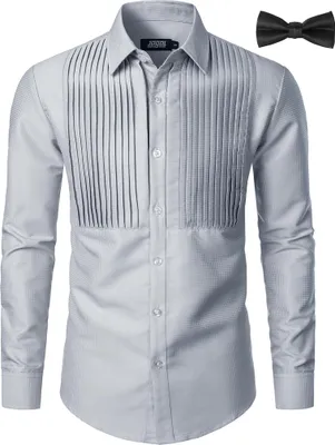 Produktbild von JOGAL Herrenhemd Langarm Smoking Elegant Plissiert Grau XXL