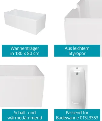 Produktbild von Calmwaters® Wannenträger 180 x 80 cm Original, Passend für Rechteck-Badewanne 180x80 cm, Styroporträger, Schall- und wärmedämmend, Direkt verfliesbar, Badewannenträger in Weiß, 03AX3360