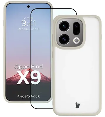 Produktbild von Schutzhülle + gehärtetem Glas für Oppo Find X9, Bizon Angelo Pack, Semitransparent mit beigem Rahmen