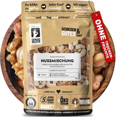 Produktbild von Nussmischung aus Cashewkernen, Walnüssen, Erdnüssen, Mandeln & Haselnüssen, ungesalzen - Nussmix, Studentenfutter Großpackung, Nüsse ohne salz, Studentenfutter ohne Rosinen, 600g