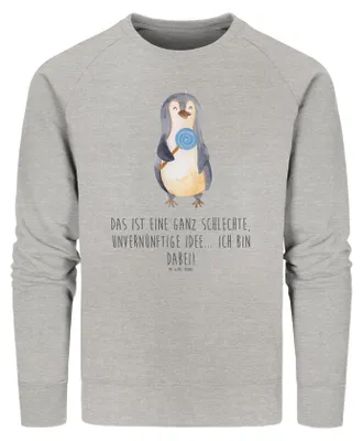 Produktbild von Mr. & Mrs. Panda Baumwoll Pullover Pinguin Lolli Größe XS - Heather Grey - Geschenk, Unvernünftig, Süßigkeiten, Pinguine, Sweater, Pulli, Spruch, Sweatshirt, Rundhals