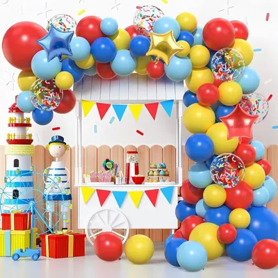 Produktbild von Luftballon Girlande Rot Gelb Blau 106tlg Zirkus Deko Set mit Folienballons & Konfetti Ballons