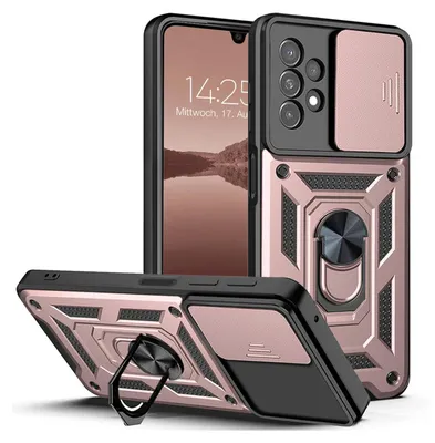 A rose gold and black armor phone case with a ring stand and camera cover, shown from multiple angles.