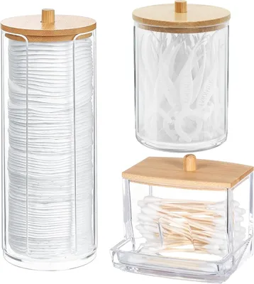 Image de Lot de 3 supports pour disques de coton avec couvercles en bambou