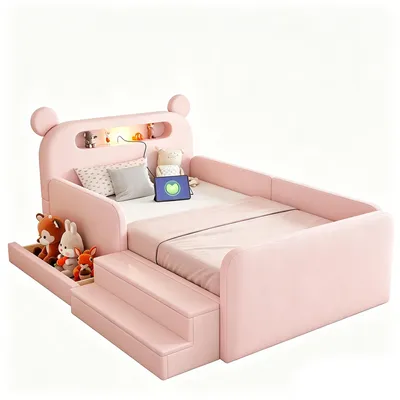 Produktbild von Merax Polsterbett 90x200cm Bären-Kopfteil und Nachtlicht, Kinderbett mit USB und Stufensitz, Einzelbett mit Stauraum aus Kunstleder, Rosa