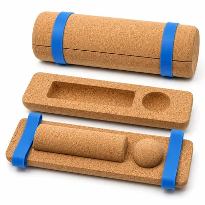 Produktbild von Balance Board Kork mit Fußtrainer, 4in1 Gleichgewichtstrainer mit Massageball, Faszienrolle, Yoga Zubehör für Fitness Reha Training