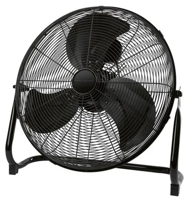 A black floor fan is shown against a white background.