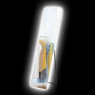 Zdjęcie produktu dla Lustro pełnej długości, lustro stojące 150 x 40 cm z oświetleniem LED, 3 kolory światła, lustro ścienne ze stojakiem, włącznik dotykowy do sypialni, salonu, przezroczyste
