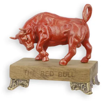 Produktbild von Gusseiserne Figur eines Stiers auf einem Holzsockel Replikat Retro Design Dekoration