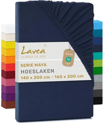 Zdjęcie produktu dla Lavea® prześcieradło z gumką 140 x 200 cm – 160 x 200 cm Maya Jersey, prześcieradło 100% bawełna, materace do 20 cm, prześcieradła z gumką, niebieski galaktyczny