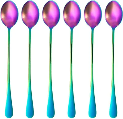 Image de Intirilife Lot de 6 cuillères en acier inoxydable aux couleurs de l'arc-en-ciel - 19 cm de long - Cuillère à glace à long manche Cuillère à dessert pour café Latte Macchiato Longdrinks Cocktails Thé glacé