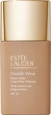 A bottle of Estée Lauder Double Wear foundation with a gold cap.