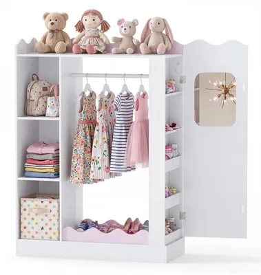 Zdjęcie produktu dla KOMFOTTEU: Szafa dla dzieci z lustrami, meble Montessori do pokoju dziecięcego: garderoba z drążkiem na wieszaki i półkami, pojemnik do przechowywania zabawek, kostiumów i ubrań, organizer dla dziewczynek i chłopców od 3 roku życia