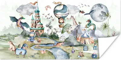 Produktbild von MuchoWow® Poster Kinder - Heißluftballon - Drache - Jungen - Burg - Aquarell 160x80 cm - Foto Poster