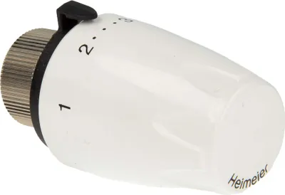 A close-up studio shot of a white thermostat head with black and silver accents, set against a plain white background.