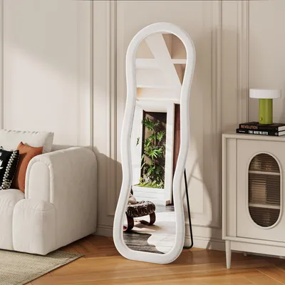 Produktbild von UnboxG Wellenförmiger Ganzkörperspiegel 160x50 cm, Stehspiegel mit Flanell‑Rahmen, Wandspiegel für Schlafzimmer Wohnzimmer, Weiß
