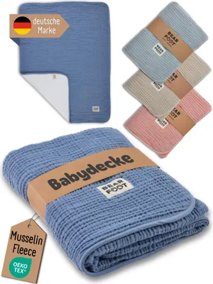 Produktbild von Babydecke - Musselin Fleecedecke (Baumwolle,Fleece) flauschig weiche Kuscheldecke, Baby, Neugeborene, Geschenk Junge & Mädchen zur Geburt - blau