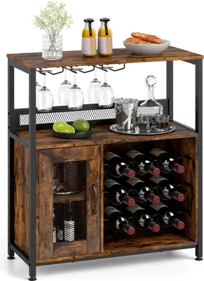 A rustic-style wine cabinet with a wooden finish and black metal frame, featuring wine bottle storage, glass holders, and a cabinet with a mesh door.