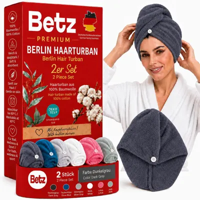 Produktbild von Betz Frottee Turban Berlin – 2er Set Haarturban aus 100% Baumwolle – Turban Handtuch mit Knopfverschluss – ideal für Bad & Wellness Farbe dunkelgrau