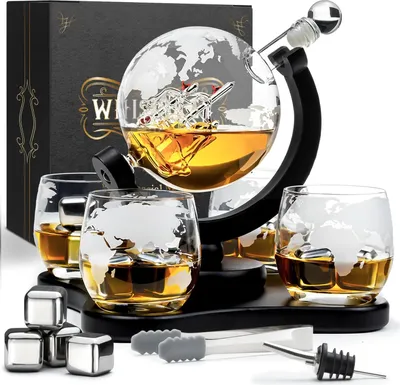 Produktbild von Famanu Whiskey Karaffe Weltkugel 900ml Luxus Set mit 4 Whiskey Gläsern 285ml & Zubehör
