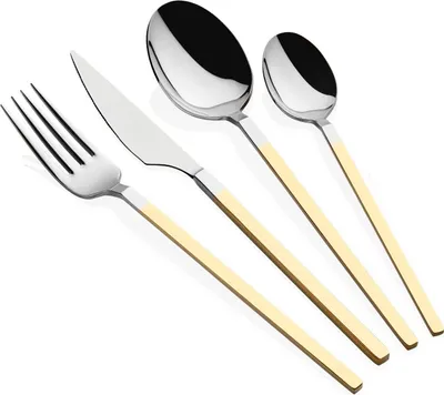 A set of four cutlery pieces, including a fork, knife, and two spoons, arranged diagonally on a white background.