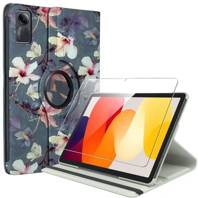 Image de Coque + Verre Trempé pour Xiaomi Redmi Pad SE 11 Pouces, Etui Rotatif 360° Multi-Angle Motif Fleur