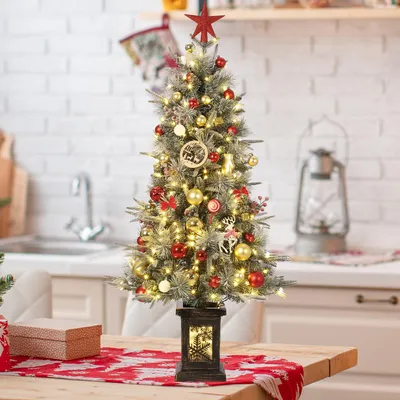 Productafbeelding van Kunstkerstboom, 90 cm (3 voet), met sneeuwdecoratie, wit, met 150 LED-lampjes en een metalen voet