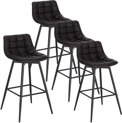 Four black bar stools arranged in a diagonal formation against a white background.