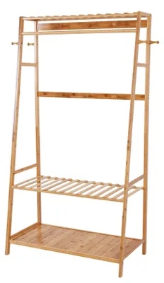Zdjęcie produktu dla Wieszak na ubrania, naturalny bambus, wielopoziomowa konstrukcja, naturalne drewno, 80 x 43,5 x 165 cm
