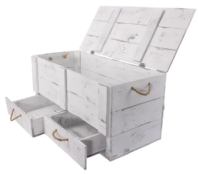Produktbild von grosse shabby weiss Holztruhe Kalle mit Schubladen und Deckel