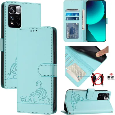 Produktbild von Leder Hülle für Xiaomi Redmi Note 11 Pro+ 5G Süße Katze Flip Case Brieftasche Schutzhülle mit Standfunktion hellgrün