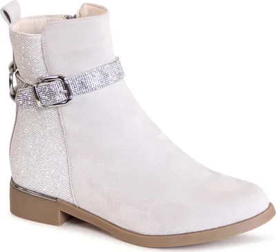 A single white ankle boot with silver glitter accents and a buckle strap.