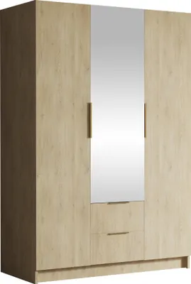 Produktbild von MIRJAN24 Kleiderschrank Calwi II 150, Schlafzimmer, mit Spiegel, Drehtürenschrank, mit Kleiderstange, Modern, Garderobenschrank, Metallgriffe (Farbe: Eiche Cremona + Gold)
