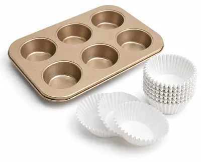 Produktbild von 6-Tassen-Muffinform Mit 400 Stück Weißen Papierauskleidungen, Antihaft-Kohlenstoffstahl-Cupcake-Backblech, Backformen-Set Für Cupcakes(Gold)