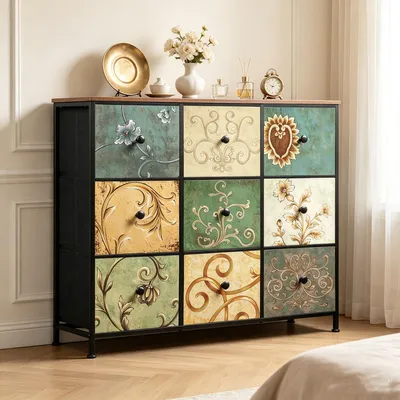Produktbild von INONEFT Kommode mit 9 Schubladen, 100x30x86.5cm Kommodenschrank für Schlafzimmer, Schminktisch mit Holzplatte und Stoffschubladen, Metallgestell
