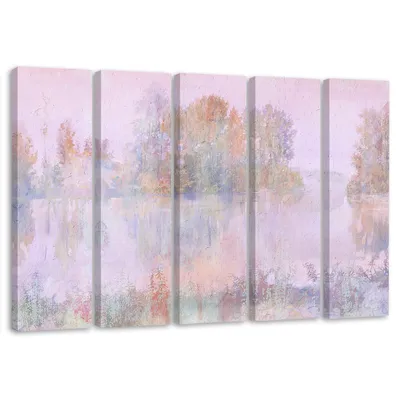 Image de Tableau en toile 5 pièces vue sur le lac 200 x 100 cm Feeby rose tableau mural prêt à accrocher