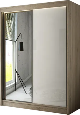 Produktbild von ALTDECOR Kleiderschrank mit Spiegel und Schiebetüren, kugelgelagerte Führungsschienen und Aluminium-Leisten, LED-Beleuchtung (16 Farben) und Fernbedienung - VESLI - 200 cm Sonoma / Lacobel Weiß