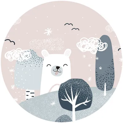 Image de Sticker cercle pour chambre d'enfant OURS blanc arbres nuages nature sticker décoration murale style scandinave 100 cm x 100 cm