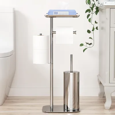 Productafbeelding van Vrijstaande toiletrolhouder met borstel - 4-in-1 toiletset met verwisselbare borstelkop
