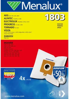 Produktbild von Menalux 1803, Staubbeutel, Synthetisch, AEG Smart 3306.1 AEG Smart 450 AEG Smart 450...487 AEG Smart 460 AEG Smart 485 AEG Smart 485.0 AEG..., 4 Stück(e)