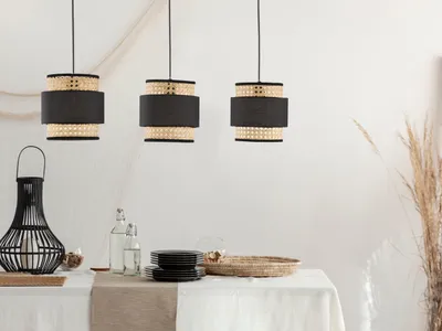 Produktbild von LED Pendelleuchte 3flammig dimmbar mit Korbgeflecht-Lampenschirme Rattan & Stoff