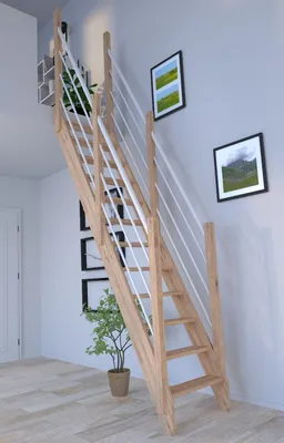 Produktbild von Raumspartreppe Eiche 3000 mit Holz-Edelstahlgeländer in weiß beidseitig