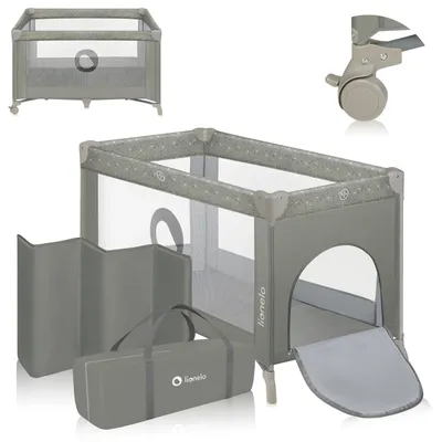 A collection of product images showing a baby travel cot and its accessories.