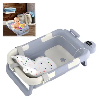 Produktbild von Faltbare Babybadewanne mit Thermometer und Stützkissen, rutschfeste Babywanne, tragbare Reisebadewanne für Neugeborene bis 12 Monate (Hellblau und Weiß)