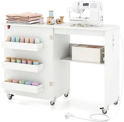 Produktbild von Nähtisch mit Ladestation, Nähmaschinentisch klappbar, Nähschrank mit Rollen, Nähmaschinenschrank Holz mit Stauraum, Nähtisch für Nähmaschine, Mehrzwecktisch 116 x 41 x 78 cm (Weiß)