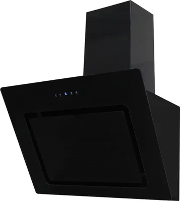 A black kitchen range hood is shown against a white background.
